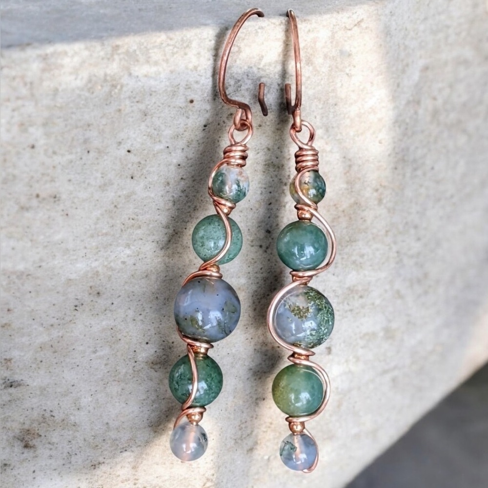 Artisan Copper Wrapped Green Indian Agate Gemstone Earrings